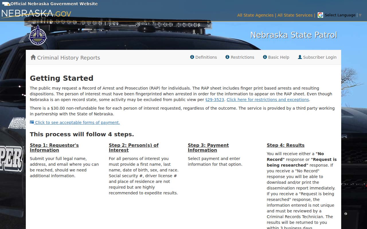 Nebraska Patrol Criminal History search portal