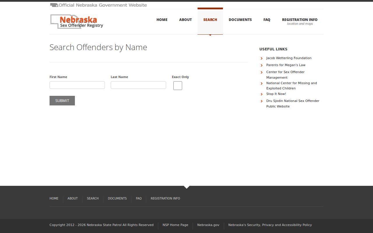 Sherman County offender name search fields on Nebraska registry